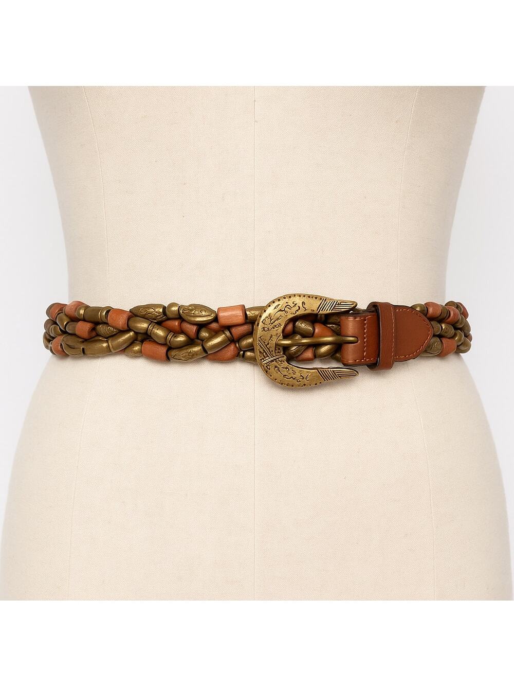 Genuine Leather Beaded Brown Belt Boho Antique Gold & Wood Beads Size S